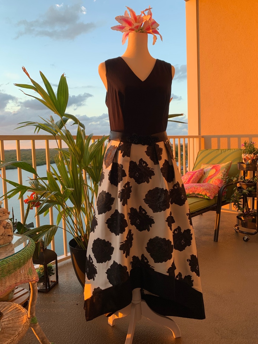 Sleeveless Black & White Floral Midi Dress